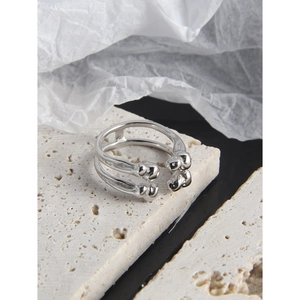 Minimalist S925 sterling silver double layer open ring with polished beads on travertine stone