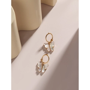 Minimalist 925 sterling silver butterfly drop earrings with shimmering shell inlay in gold