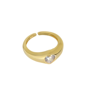 Polished gold S925 silver open ring featuring a sparkling heart-shaped zircon stone