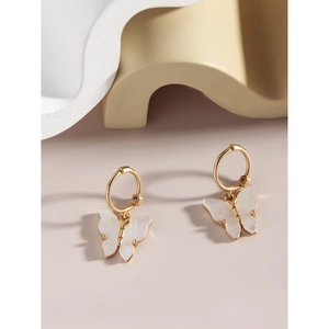 Minimalist 925 silver butterfly drop hoop earrings with mother of pearl shell finish