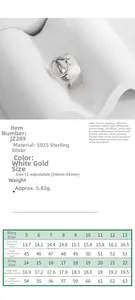 Detailed size chart for S925 sterling silver wide band ring with adjustable open design