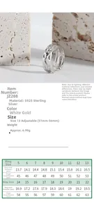 Size chart for S925 sterling silver open ring with irregular texture and inner diameter guide