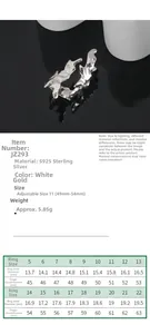 Size chart for S925 sterling silver lava ring with inner diameter and circumference details
