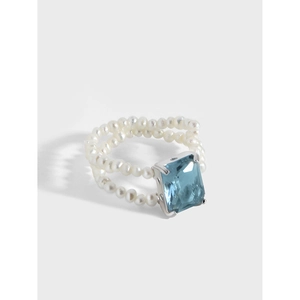 Vintage 925 Sterling Silver Ring Natural Artificial Pearl Double Layer Band Square Blue Zirconia Inlaid Jewelry For Women Wedding