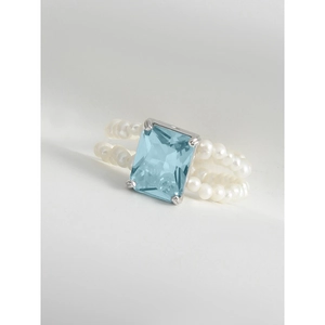 Elegant S925 silver ring with blue zircon gemstone and double row of white pearls