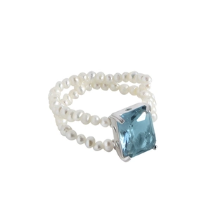 Elegant S925 silver ring with rectangular blue zircon and double-row pearl band