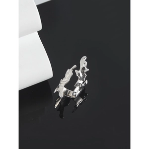 Minimalist S925 sterling silver liquid lava ring with flame texture on black surface