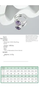 Detailed size guide for S925 sterling silver ring showing diameters and circumferences