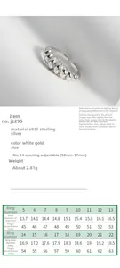 Size chart for S925 sterling silver croissant ring showing diameter and circumference