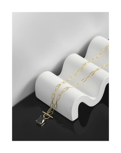 Detail of S925 silver necklace with rectangular black stone and crystal toggle clasp