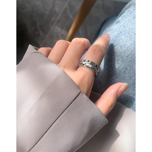 Irregular textured S925 sterling silver open ring with a layered river-inspired design