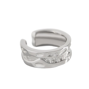 Irregular textured S925 sterling silver open ring with hammered surface design