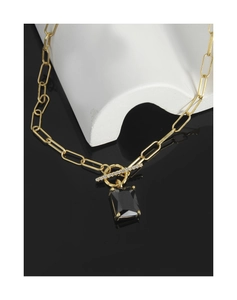 Detail of S925 silver necklace with black emerald-cut stone and diamond-set OT clasp