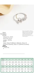 Detailed size chart for S925 sterling silver chain ring showing diameter and circumference