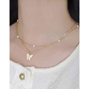 Collier double rang en argent S925 avec pendentif papillon blanc et perles pour femme