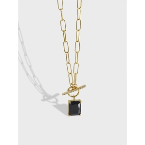 S925 Sterling Silver 18K Gold Plated Paperclip Chain Necklace Black Rectangular Stone Pendant OT Toggle Clasp For Women