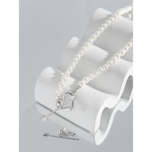 Elegant S925 silver pearl necklace with Cupid heart and arrow pendant for women