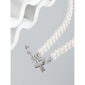 Double-layer pearl choker necklace with silver Cupid heart and arrow OT toggle clasp