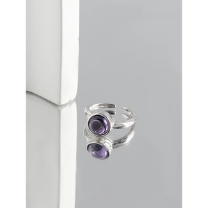 Minimalist S925 sterling silver open ring with irregular texture and purple zircon stone