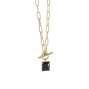 Minimalist S925 silver paperclip chain necklace with black rectangular pendant and OT toggle clasp