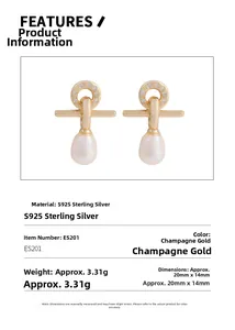 Detailed specs of S925 silver cross earrings with champagne gold finish and pearls