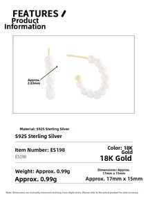 Detailed specs of S925 silver C-shape earrings with mini pearls and 18K gold finish