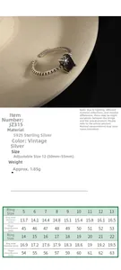 Guide des tailles bague argent S925 avec détails sur le zircon noir et mesures