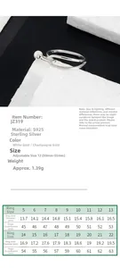 Size chart for S925 sterling silver pearl ring showing adjustable diameters and weights