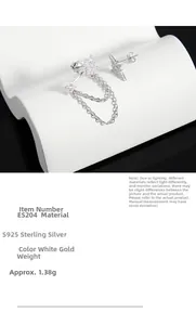 Detail of S925 sterling silver asymmetrical star earrings with tassel chain design