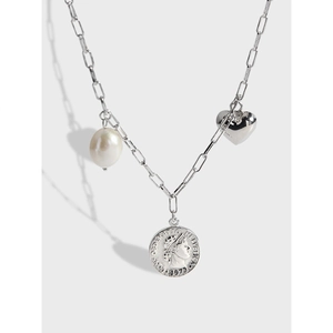 Collier En Argent Sterling 925 Avec Künstliche Perle Baroque Coeur Médaille De Portrait Pièce De Monnaie Bijoux Rétro Pour Femmes