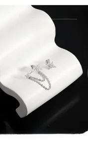 Detail of S925 sterling silver asymmetric star earrings with white zircon paving