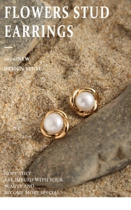 Detail view of pearl flower stud earrings in gold wire wrap on a natural stone backdrop