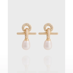 Artificial Pearl Dangle Earrings With 925 Sterling Silver Earring Post Micro Pave Zircon Gold Plated Elegant Geometric Jewelry
