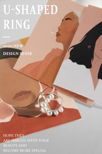 Close-up of a U-shaped S925 silver ring featuring a gradient of seven white pearls