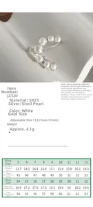Detailed size chart for S925 silver U-shaped ring with pearl sizing specifications