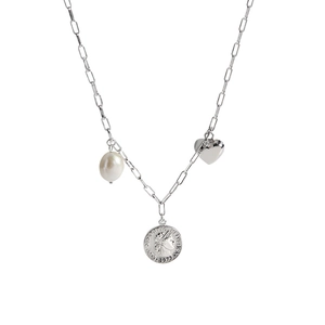 Collier minimaliste en argent S925 avec perle, cœur argenté et pendentif pièce vintage