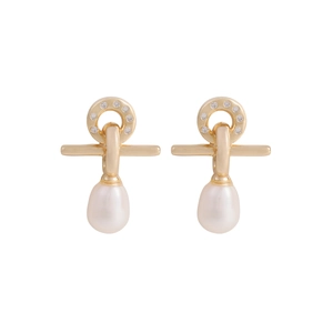 Minimalist S925 silver earrings with cross zircon accents and hanging teardrop pearls