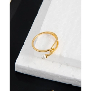 Minimalist S925 sterling silver gold plated open ring featuring a single white pearl inlay