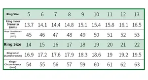 Detailed size chart for S925 heart rings showing inner diameter and circumference