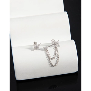 Asymmetric S925 sterling silver star stud earrings with tassel chain and zircons