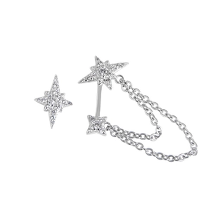 Asymmetric S925 sterling silver star earrings with crystal studs and chain details