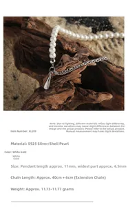 Detail of S925 silver necklace with pearls and water-drop pendant on wood