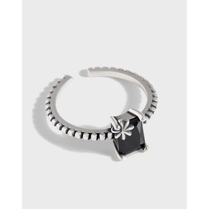 Bague Ouverte en Argent Sterling S925 Rétro Zirconia Noir Bord Perlé Détail Fleur Bague Géométrique Réglable Bijoux Femme