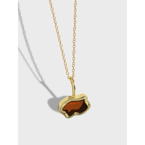 Collana Argento Sterling 925 Pendente Smalto Ambra Placcato Oro 18K Catena Clavicola Geometrica Organica Donne