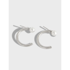 Round Artificial Pearl C Shape Hoop Stud Earrings 925 Sterling Silver Earring Post Minimalist Geometric Jewelry For Women
