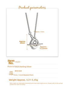 Detail view of S925 sterling silver beaded necklace showing 20mm fluid pendant dimensions