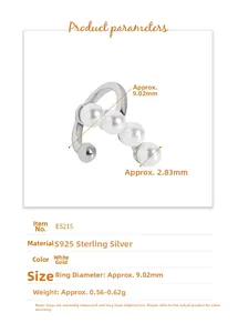 Detailed S925 sterling silver ear cuff specifications with four small pearls and dimensions
