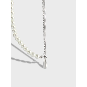 Asymmetrical Artificial Pearl Spliced Necklace With S925 Sterling Silver Teardrop Pendant Minimalist Ins Style For Women