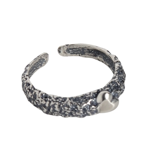 S925 sterling silver heart open ring with retro textured lava pattern finish