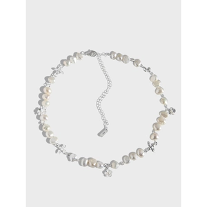 925 Sterling Silver Freshwater Pearl Necklace Flower Butterfly Pendant Clavicle Chain For Women Spring Design Jewelry